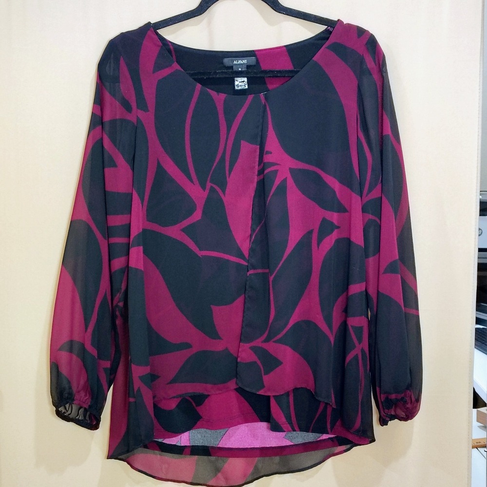 Alfani Abstract Top Womens S Purple Black Layered Sheer Sleeve Professional Chic